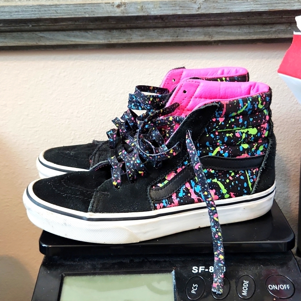 Vans Black and Pink Suede Skater Splatter High Tops